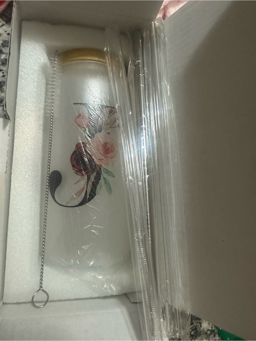 Source Unknown White Glass Tumbler with Floral Design